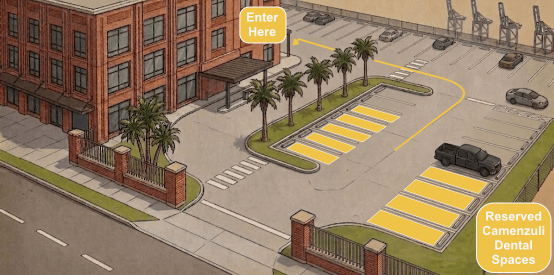 Parking instructions for Camenzuli Dental Excellence: enter the lot as marked and park in the reserved Camenzuli Dental spaces