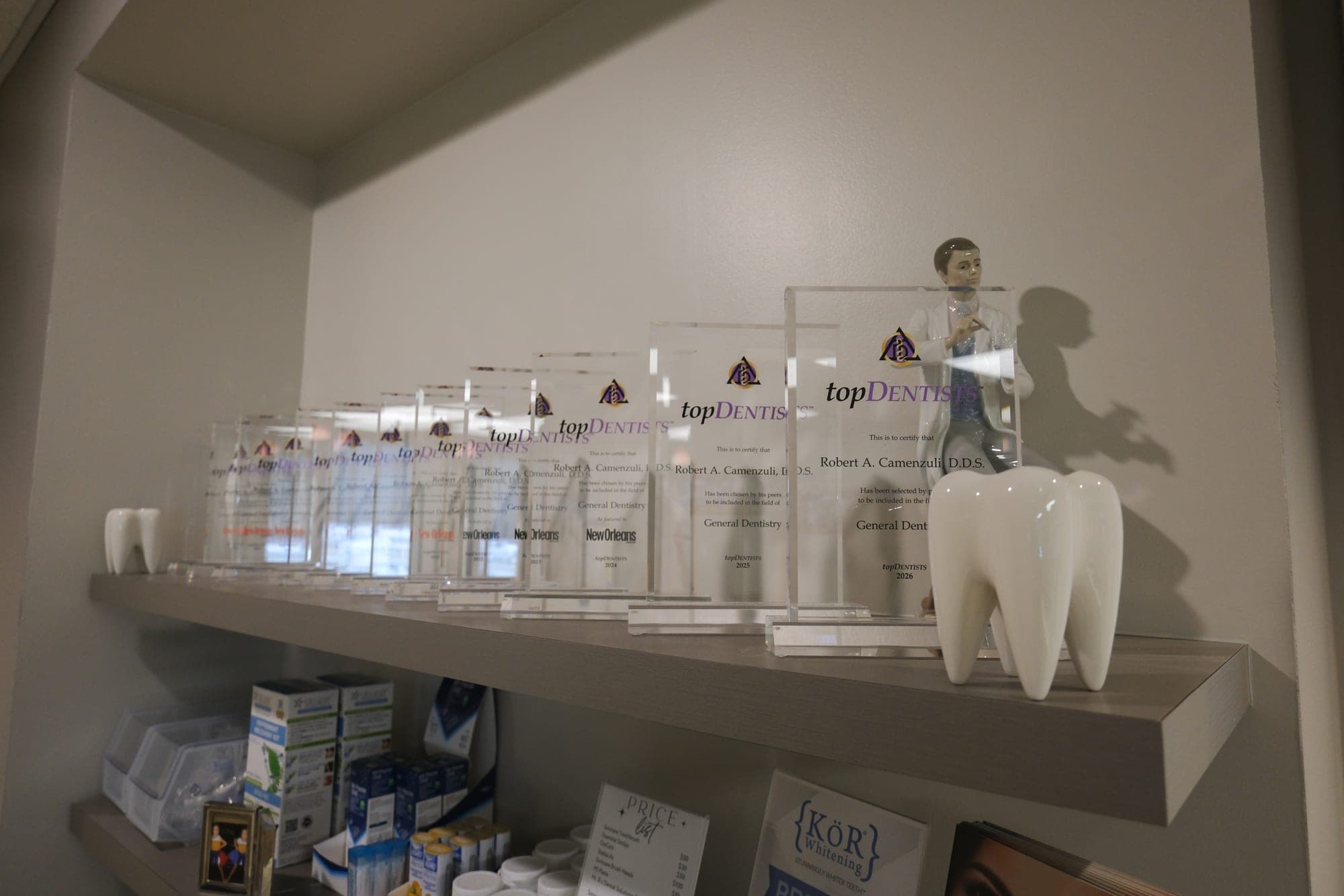 A shelf of topDentists awards issued to Dr. Robert A. Camenzuli